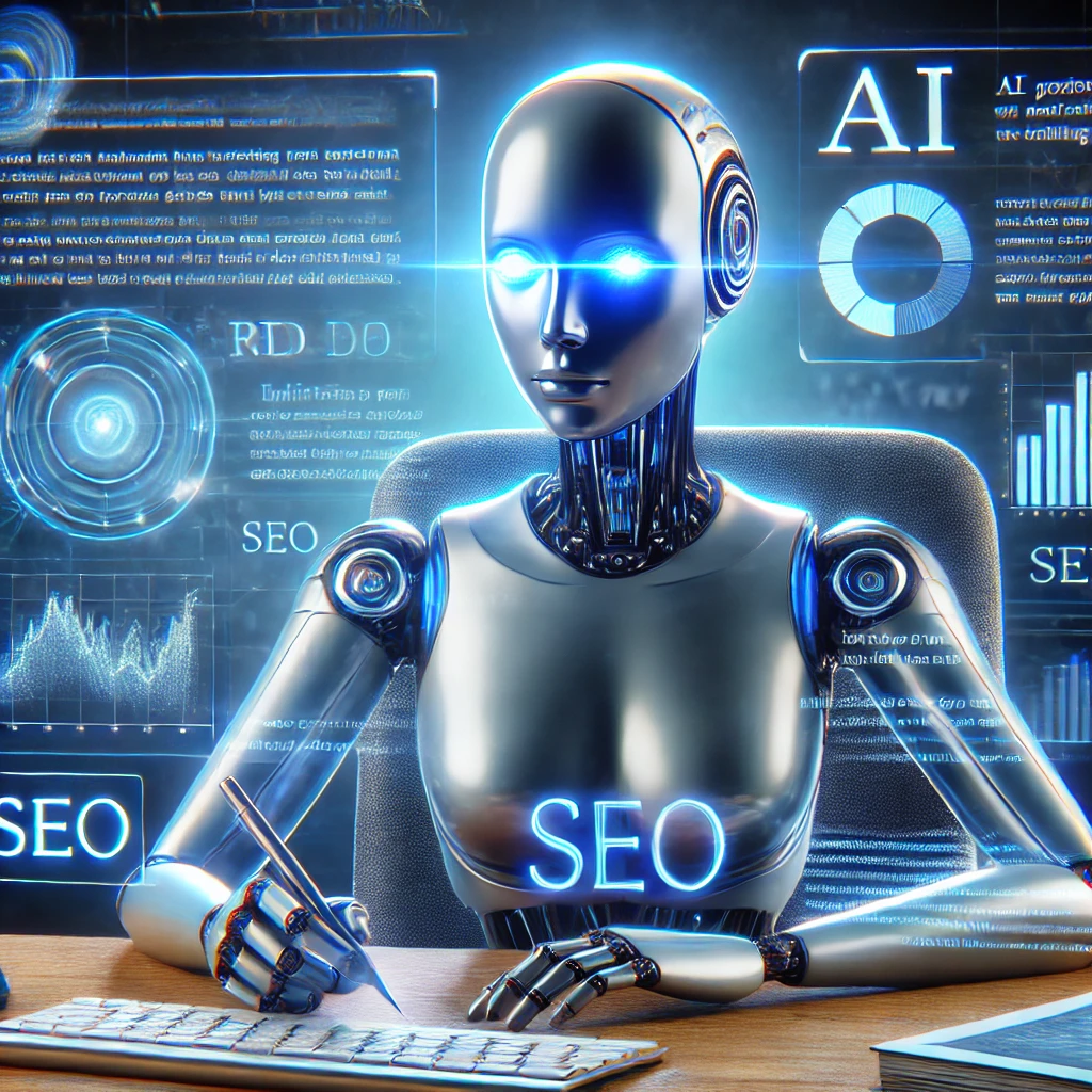 A humanoid AI robot with glowing blue eyes sits at a desk, editing content on a holographic screen, surrounded by floating SEO charts and text elements.