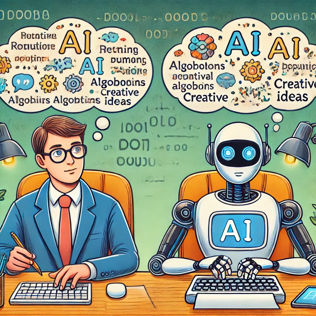 A human writer and an AI robot working together at a desk, typing on futuristic keyboards, with speech bubbles showing AI's algorithms and the human's creative thoughts.