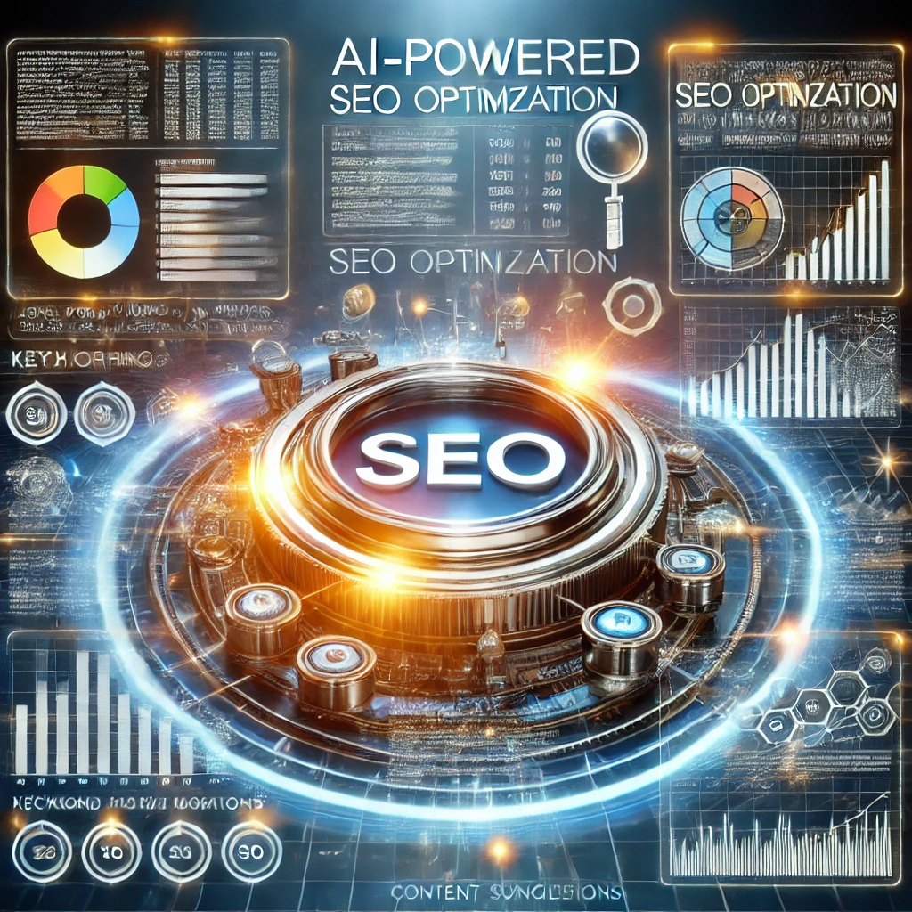 A futuristic digital interface displaying AI-powered SEO optimization, with keyword rankings, analytics charts, and content suggestions in a high-tech environment.