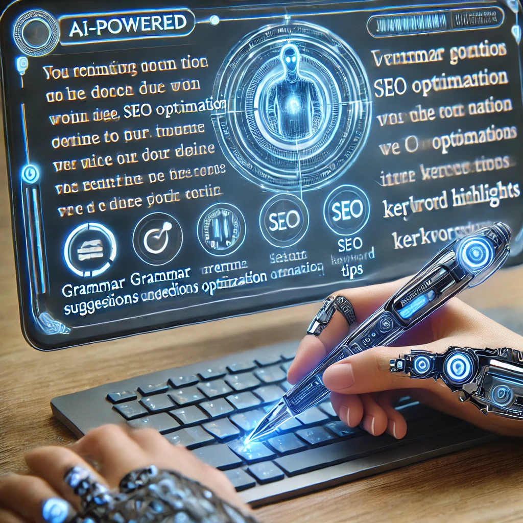 A futuristic computer screen displaying an AI-powered editing tool, showing grammar corrections, SEO optimization tips, and keyword highlights in real-time.