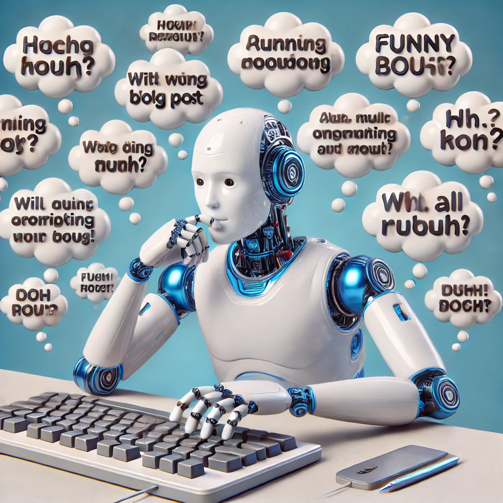 A humorous AI robot typing a satirical blog post on a futuristic keyboard, surrounded by exaggerated and funny thought bubbles.