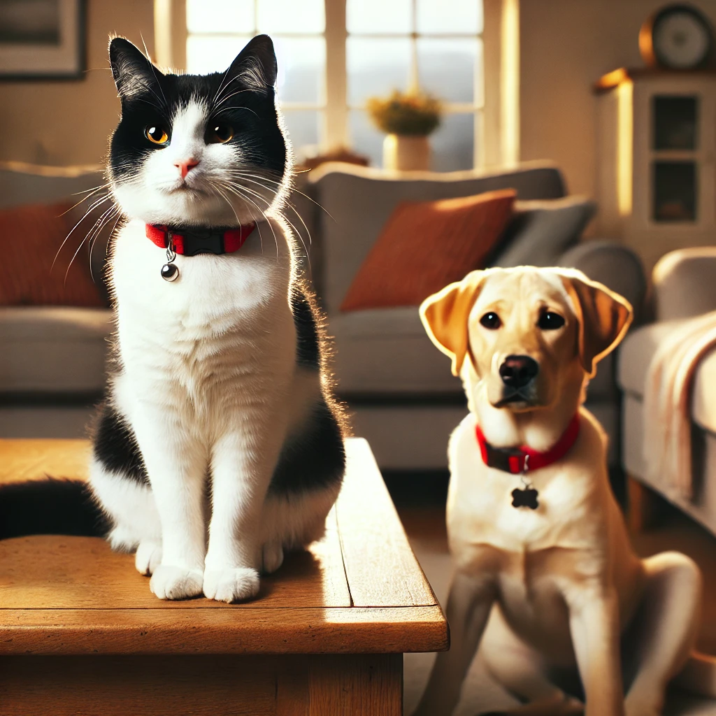 Kalo’s Ninth Life – A black and white short-haired cat sits confidently on a coffee table, its tail twitching mischievously, while a yellow Labrador retriever with a red collar looks dazed and confused on the floor in a cozy living room with an open window.