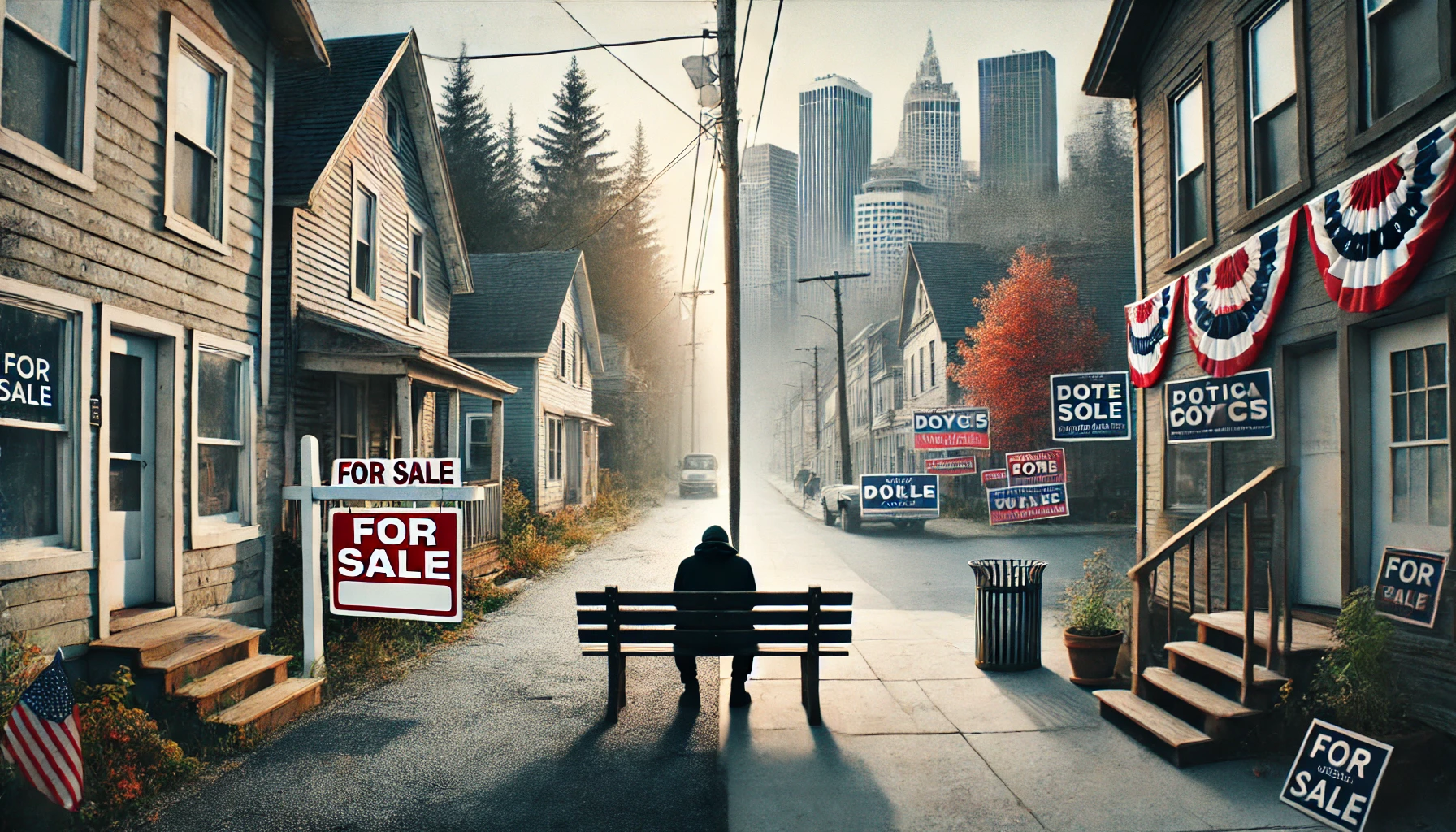 Image showing the contrast between a quiet rural town and a busy urban city, with a lone figure in the center symbolizing a sense of being left behind.