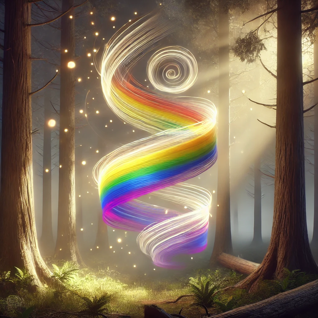 Swirling ribbons of light in the colors of the LGBT and nonbinary pride flags float through a misty forest at dawn. The image symbolizes identity, transformation, and the quiet beauty of self-discovery.